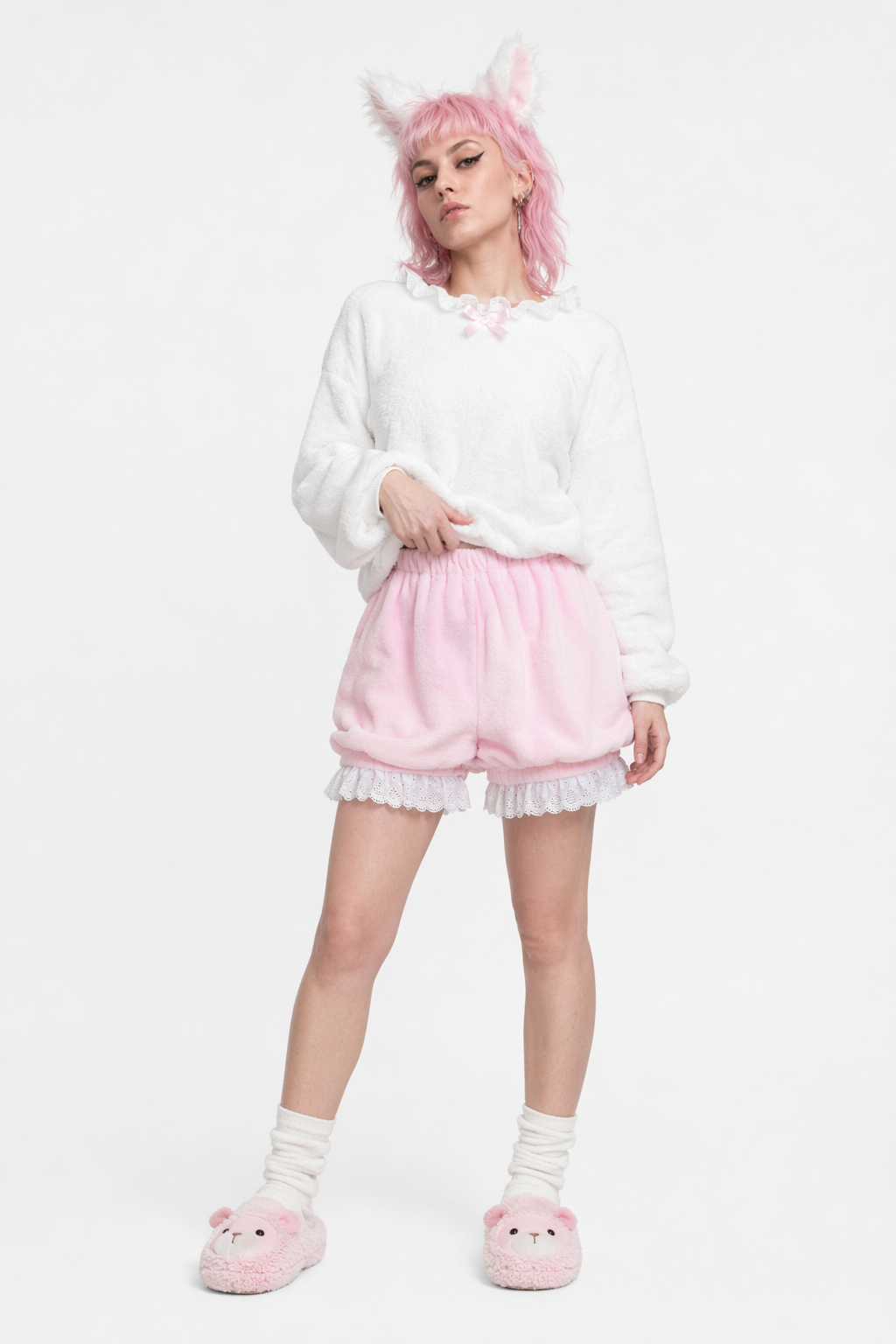 Kawaii Furry Bloomer Shorts with Ribbons and Ruffles Pink Lace