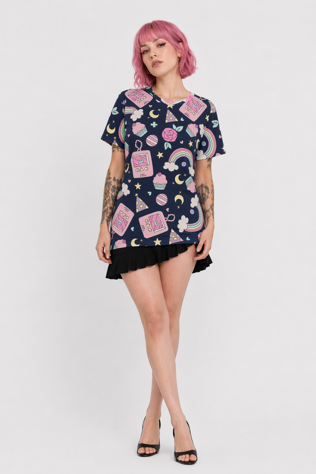 Trendy Gameboy T-Shirt with Cakes & Candy Print in Stock Black Gameboy