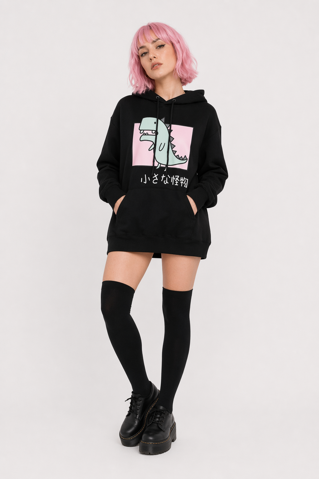 Kawaii Dinosaur Hoodie in Pastel Colors with Cute Japanese Writing Black