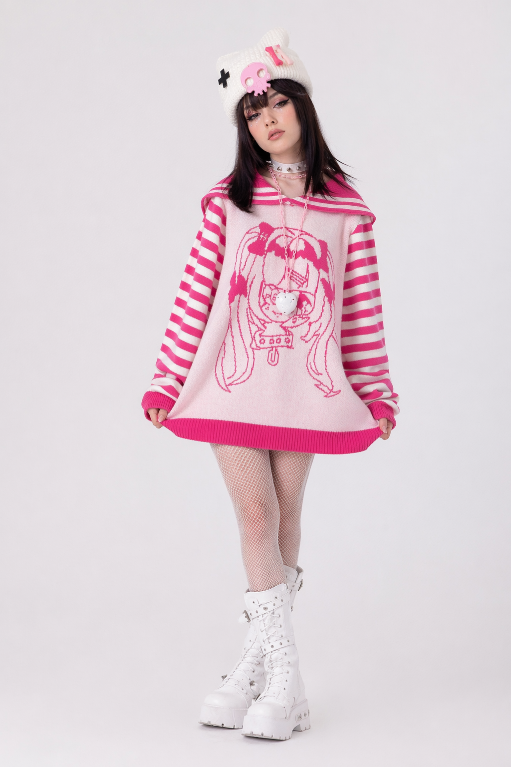 Striped eGirl Knit Hoodie for Anime and Kawaii Fashion Lovers Pink