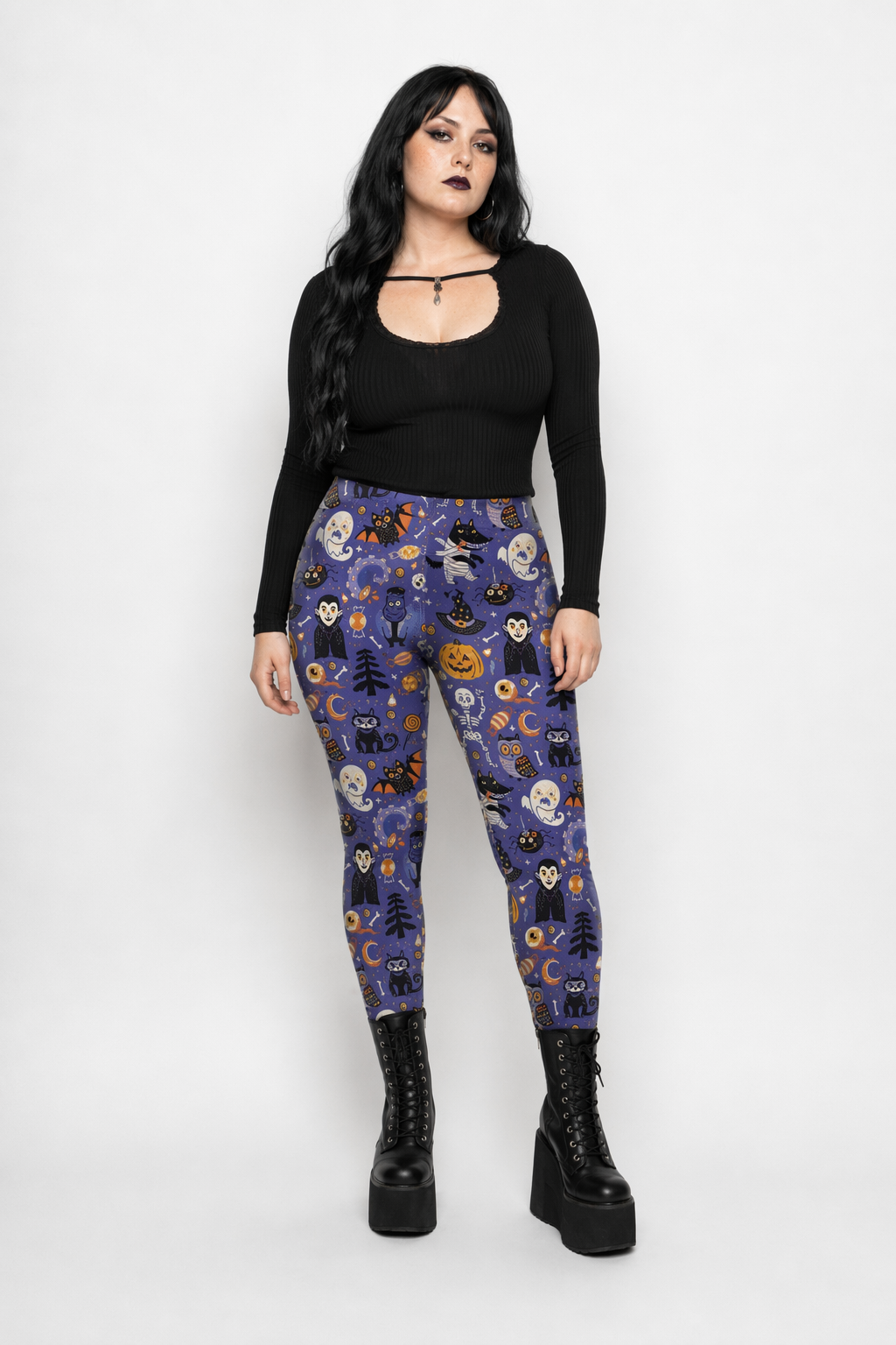 Spooky Halloween Collage Leggings with Jack-o-Lanterns and Ghosts S