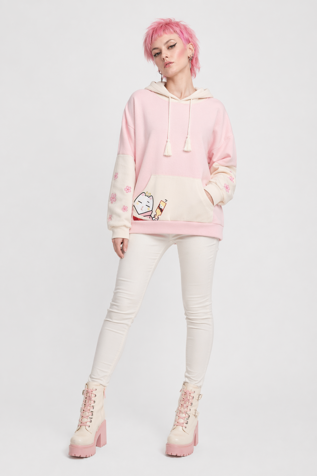 Japanese Inspired Painting Cat Artist Hoodie with Cherry Blossoms Pink