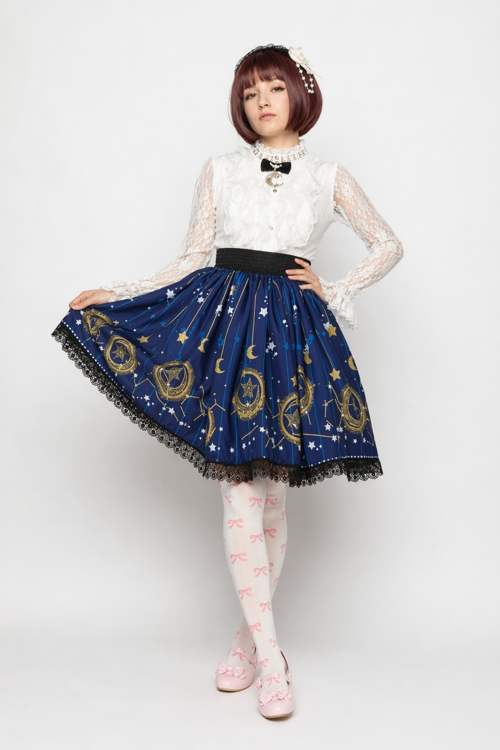 Gothic Lolita Steampunk Skirt with Ruffles and Constellation Print M