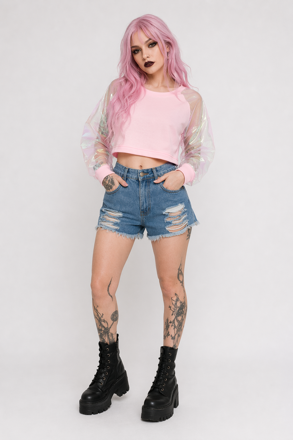 Holographic Acid Sugar Crop Top Sweater with Rainbow Sleeves Pink