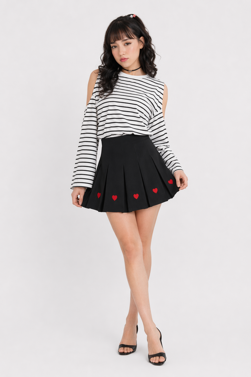 Kawaii School Girl Tennis Skirt with Heart Embroidery Details Black
