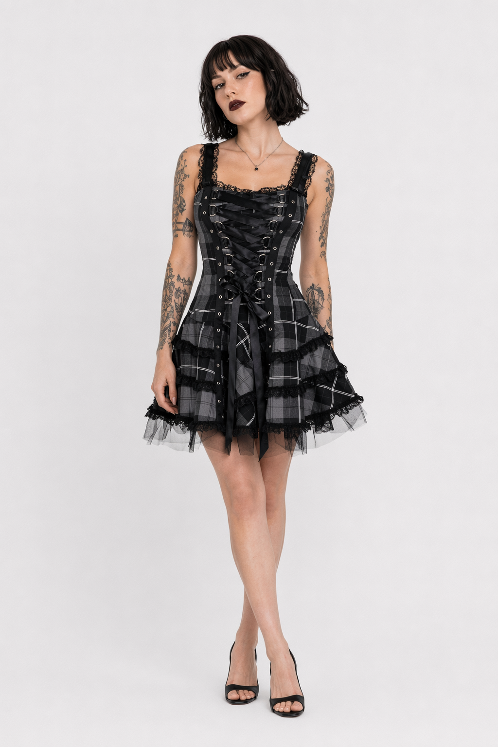 Spooky Tartan Plaid Lace-Up Gothic Dress for Dark Fashion Lovers Grey