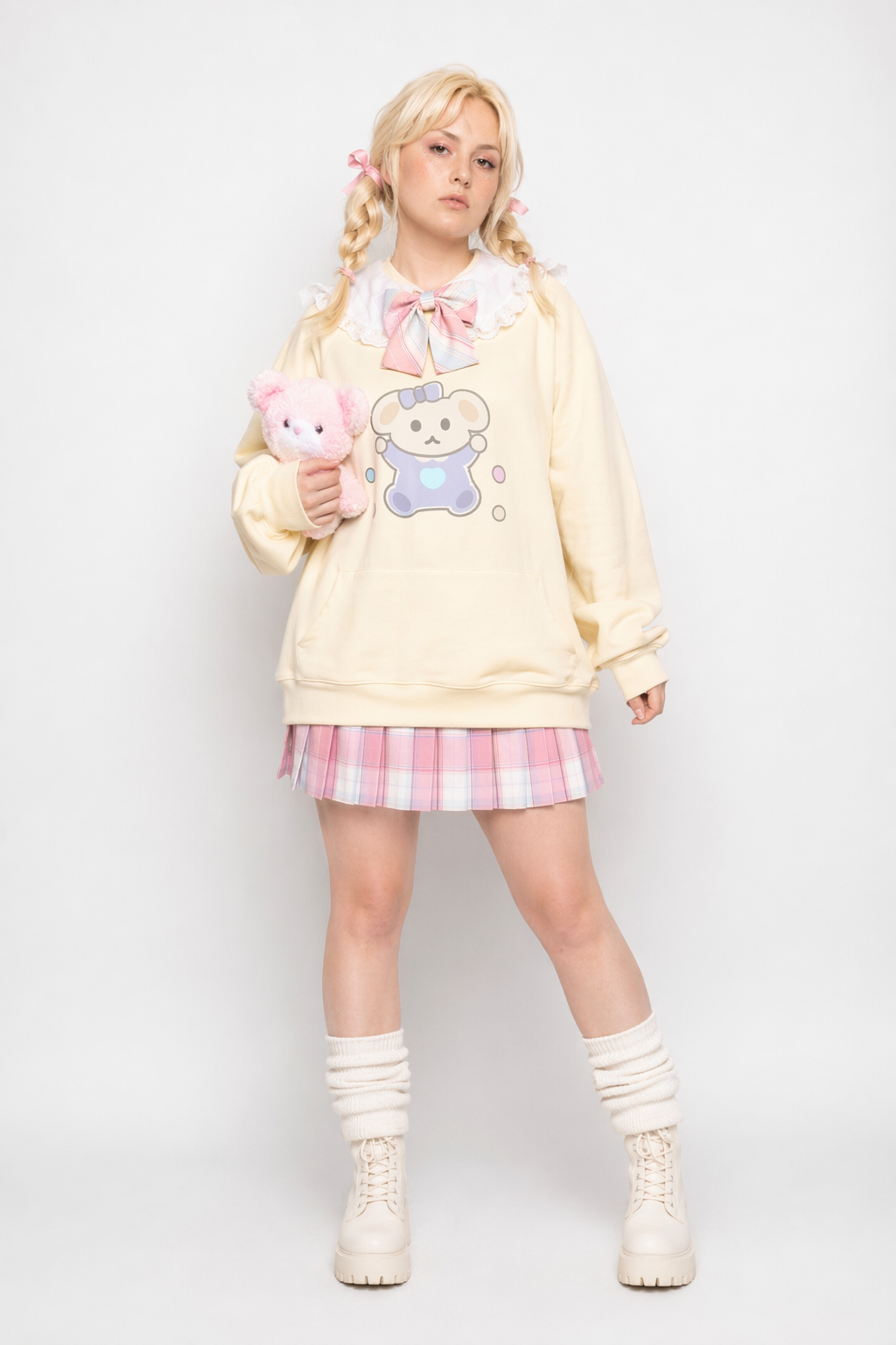 Pastel Yellow Bear Hoodie with Cozy Pouch and Cute Details S