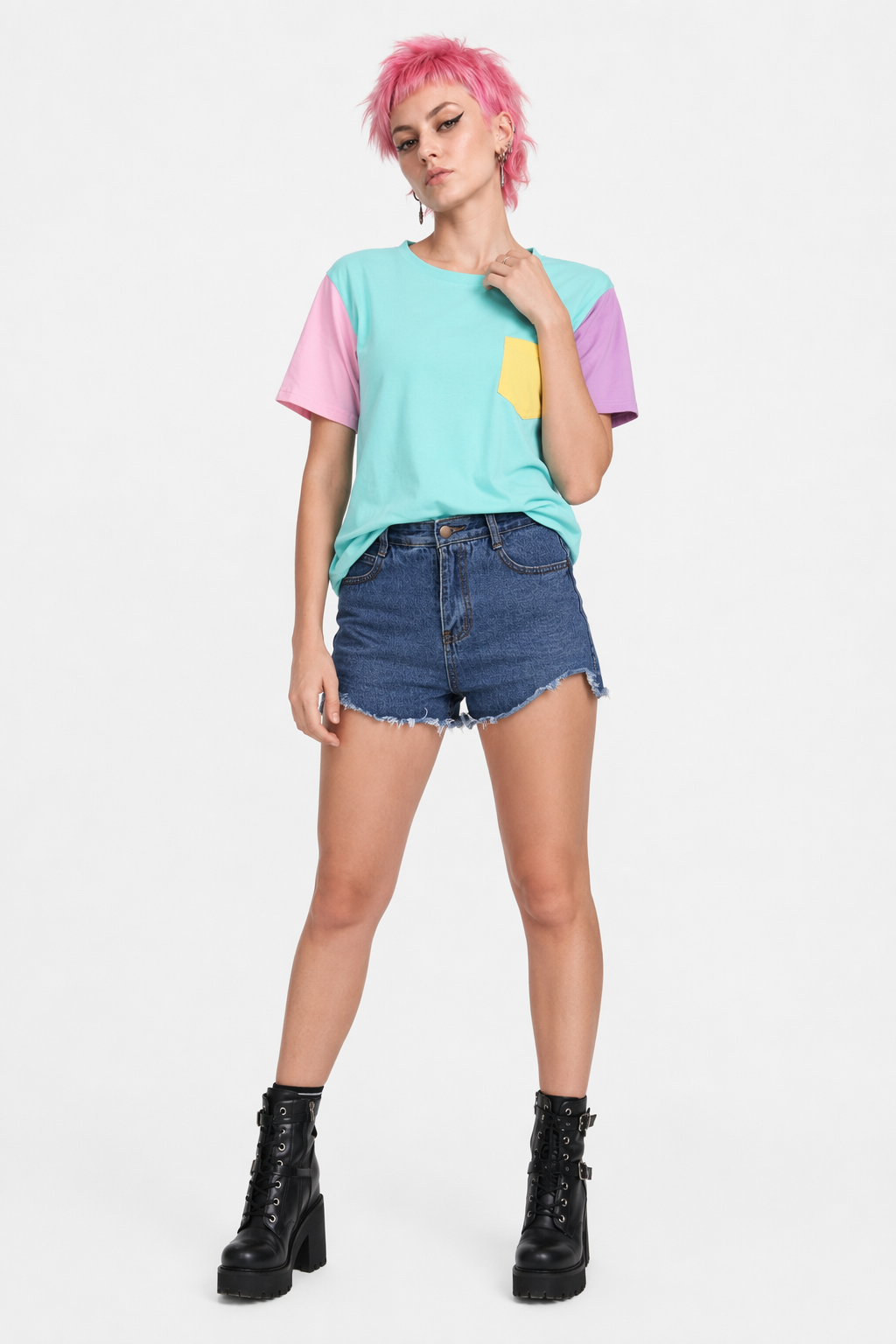 Retro 80s Patchwork Pastel-Kei Tee with Chest Pocket Blue