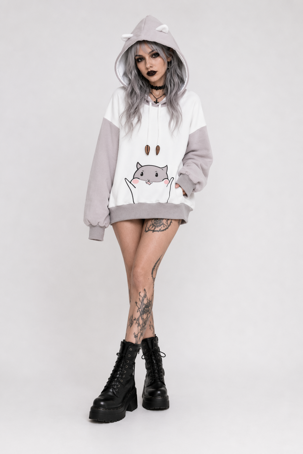 Cat-Eared Hamster Hoodie with Sunflower Seeds for Kawaii Fashion Gray