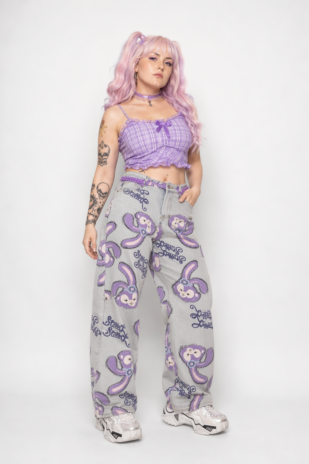 Milky Pastel Fairy Kei Patchwork Jeans with Frayed Edges M