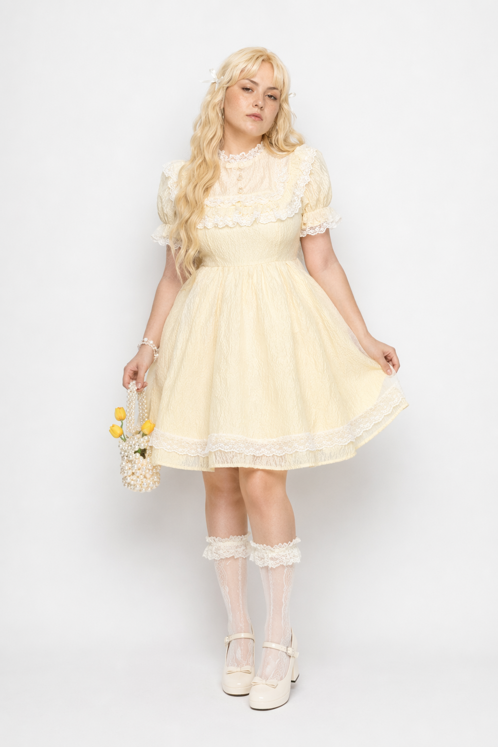 Pastel Yellow Floral Lace Angelic Dress with Poofy Sleeves S