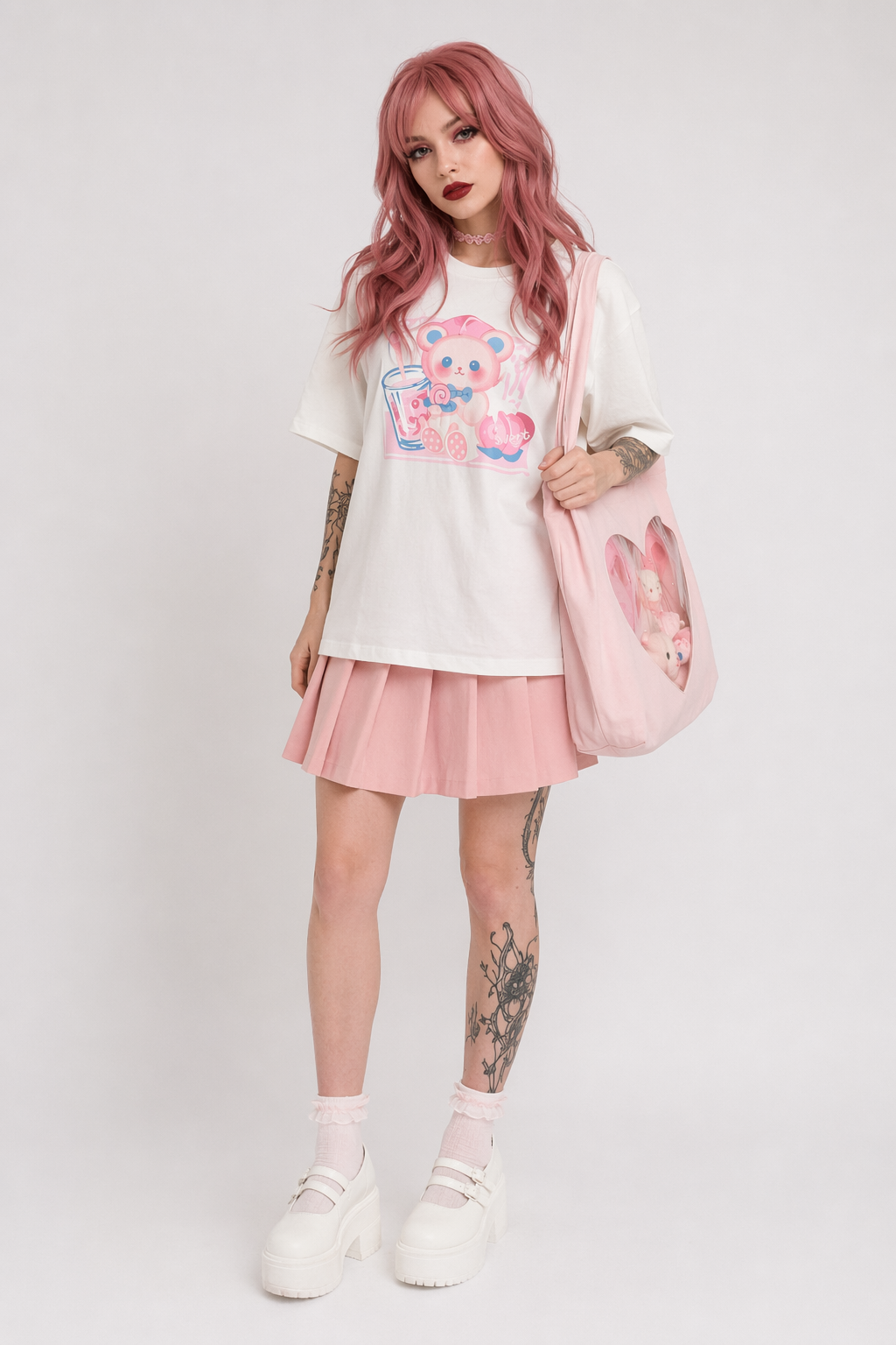Pastel Peach Bear Tee Inspired by Kawaii Fashion and Anime White