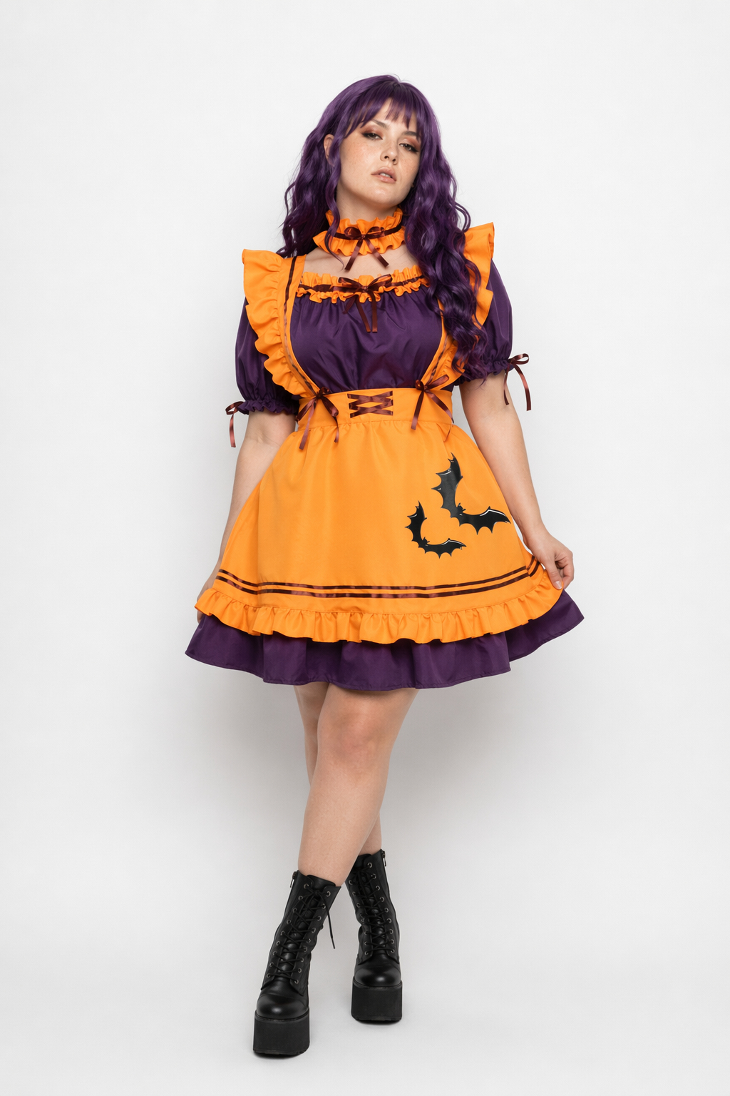 Black and Eggplant Purple Halloween Inspired Maid Lolita Dress 47cm Width XL