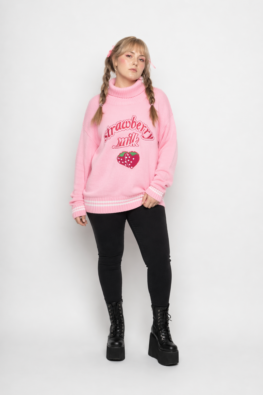 Strawberry Milk Knit Sweater with Hand Embroidery Details Pink Sweater