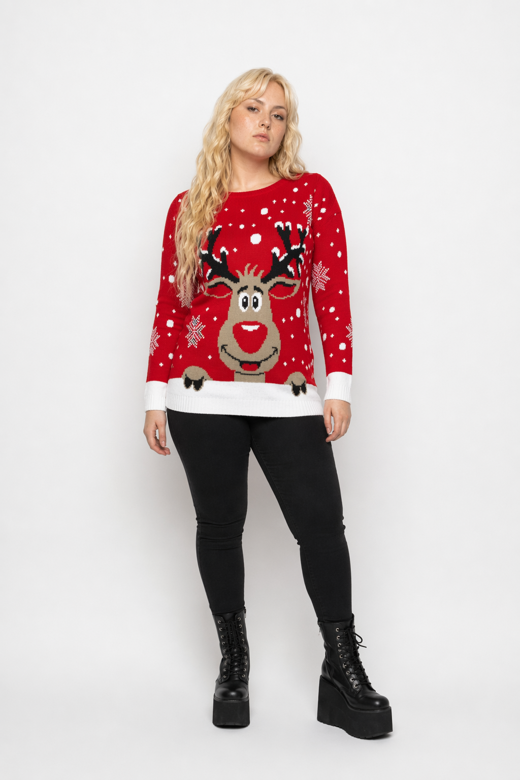 Reindeer Knit Christmas Crewneck Sweater for Holiday Cheer Red