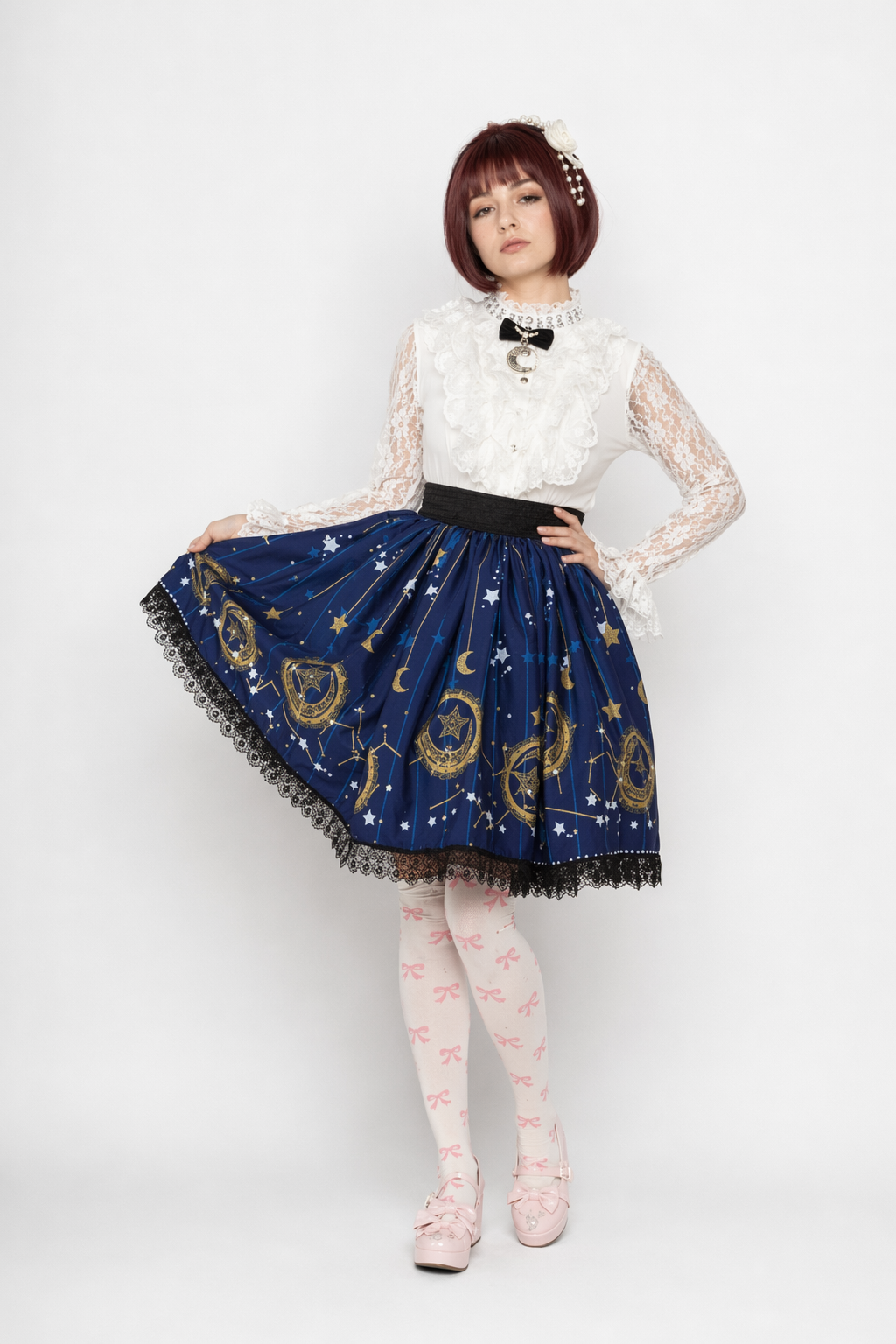 Gothic Lolita Steampunk Skirt with Ruffles and Constellation Print L