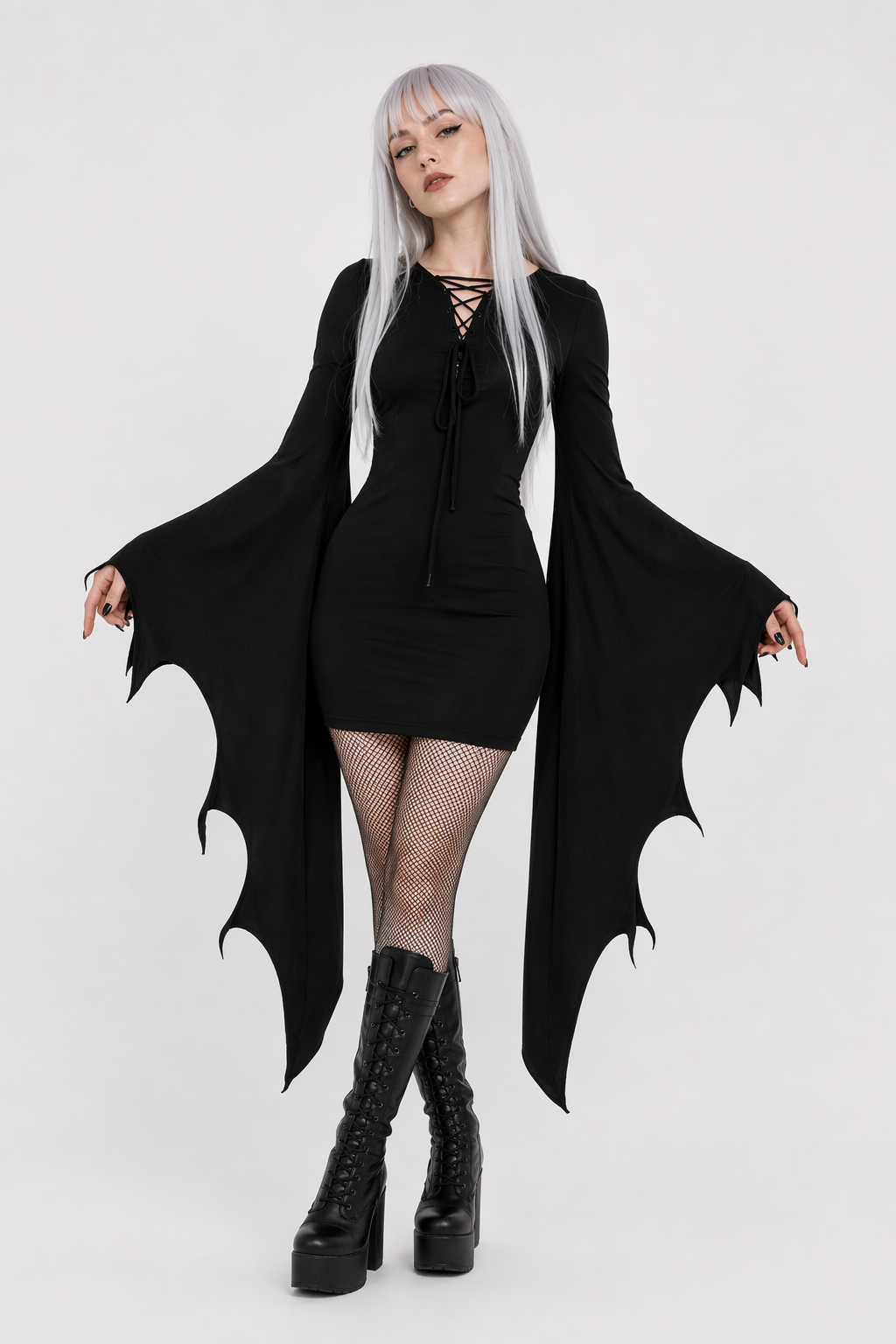 Black Gothic Forest Witch Dress with Flowy Wing Style Sleeves XL