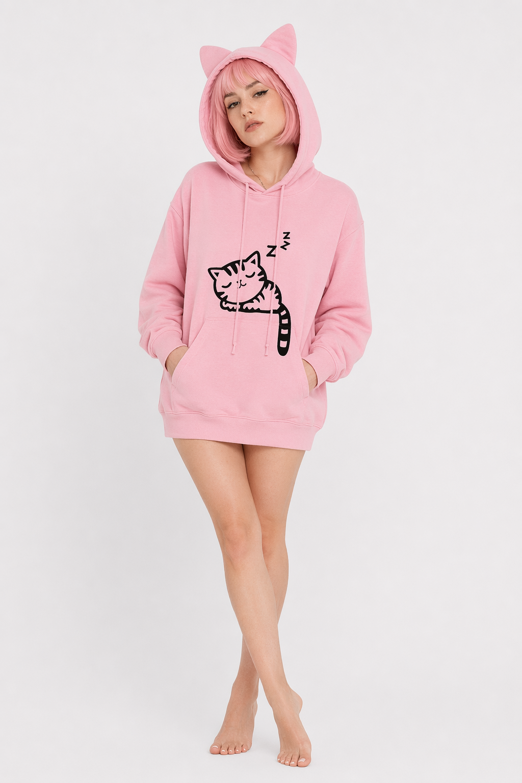 Cozy Kitten Pullover Hoodie for Sleepy Cat Lovers Pink