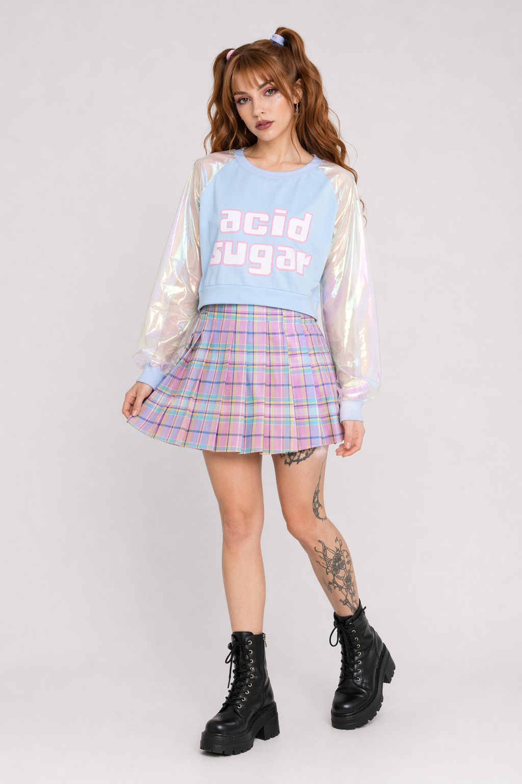 Holographic Acid Sugar Crop Top Sweater with Rainbow Sleeves Blue