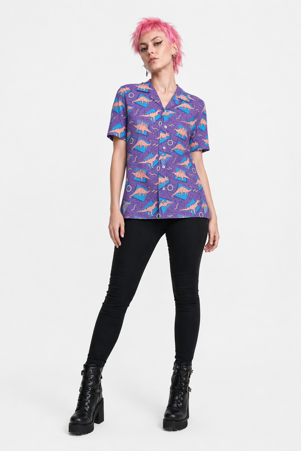 Purple and Blue Dinosaur Button Up Retro 90s Dino Tee XXS