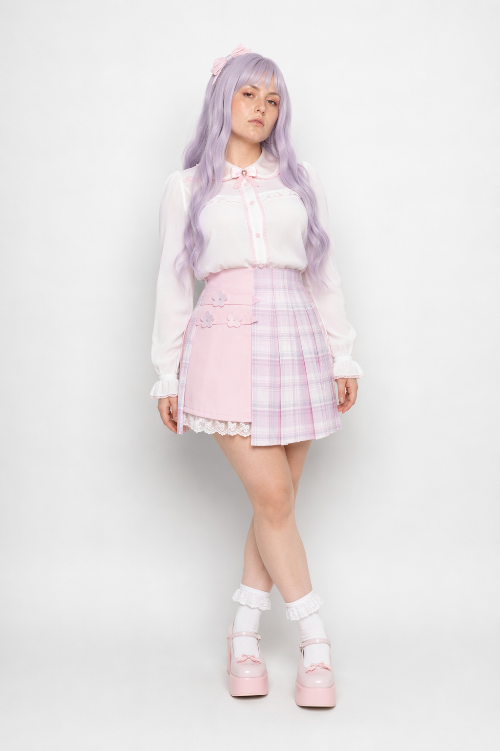 Candy Colored Purple Plaid Flower Lolita Skirt with Chain XS