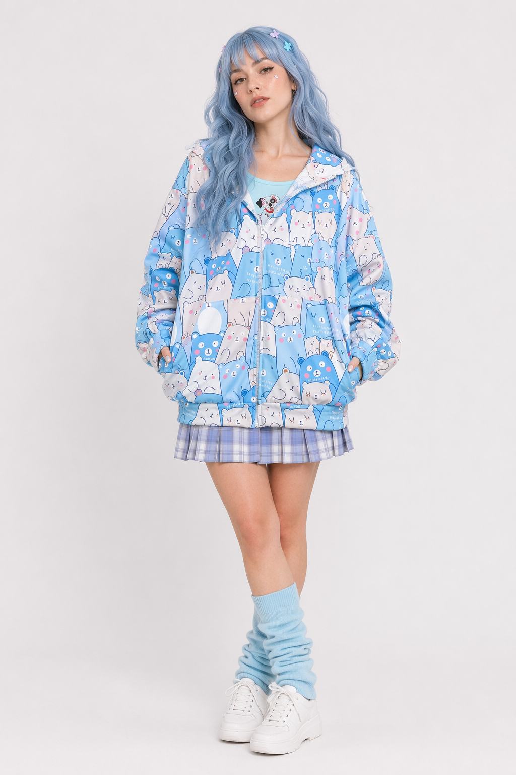 Kawaii Bear-Inspired Windbreaker Jacket for Pastel Fashion Lovers Blue