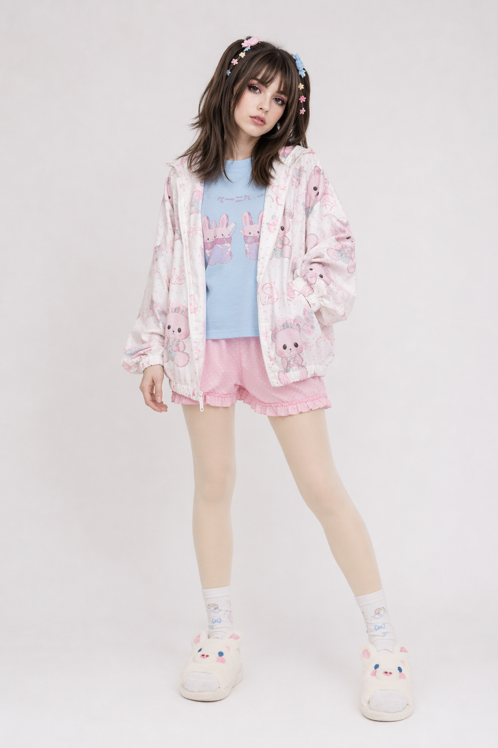 Baby Bear Windbreaker Jacket in Pastel Colors for Kawaii Lovers Pink