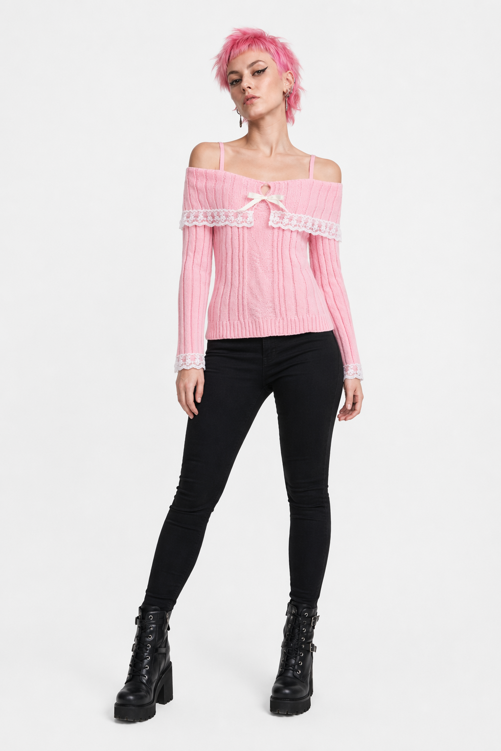 Pink Knit Princess Sweater with Off-the-Shoulder Design and Accents Pink