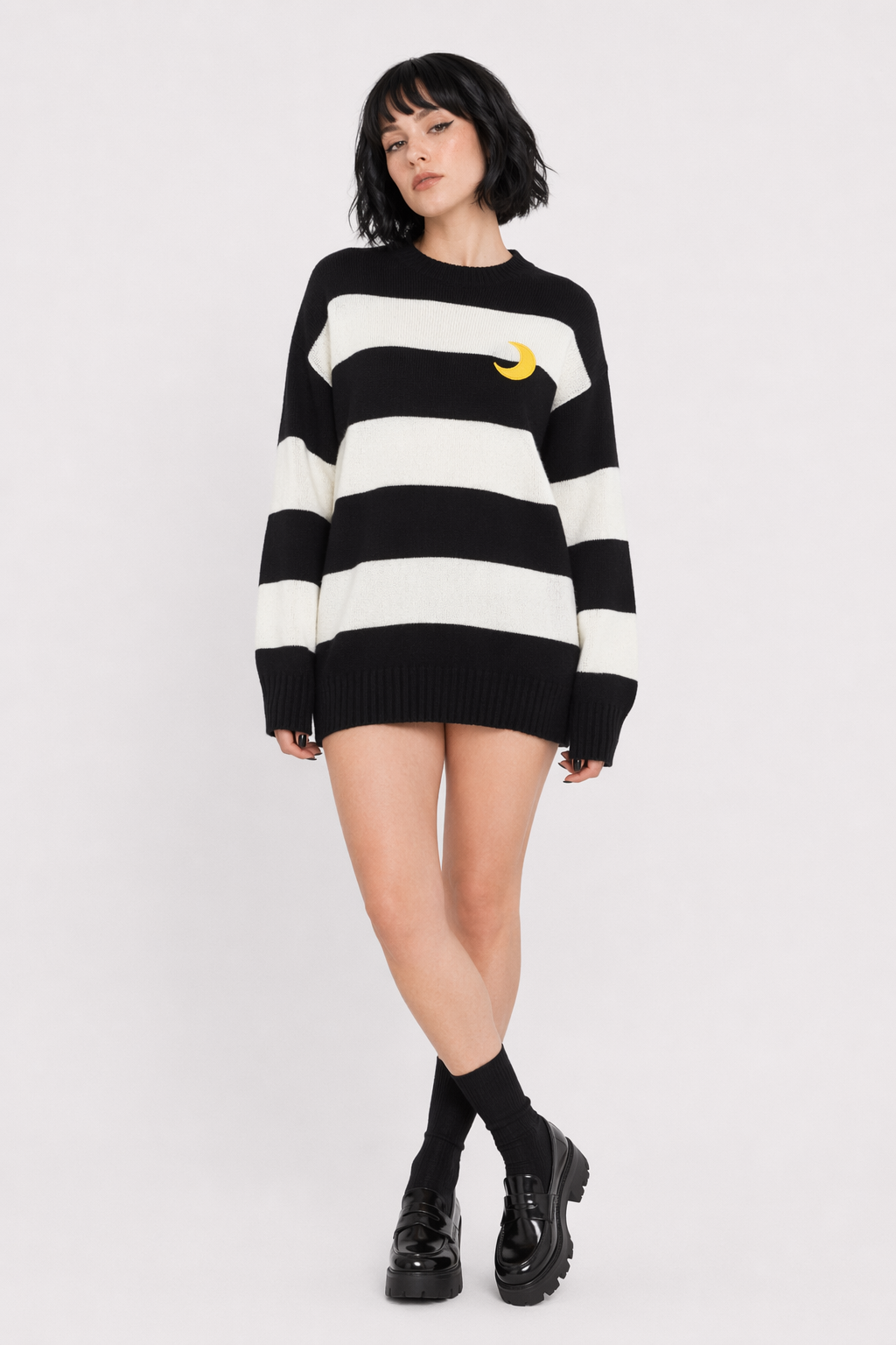 Perfect Cozy Magical Girl Knit Sweater with White Stripes Black