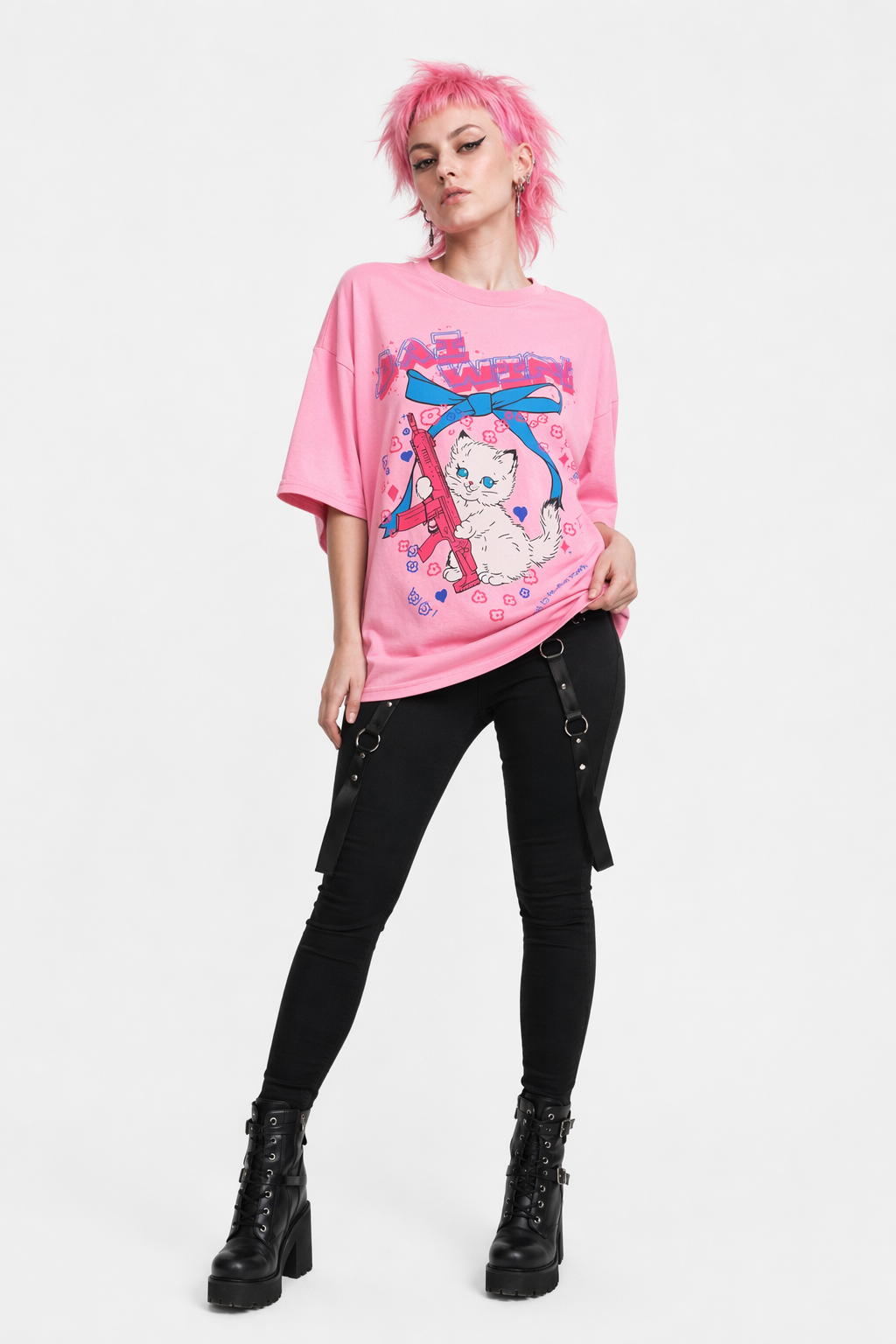Kawaii Machine Gun Kitten T-Shirt In Stock for Daisy Duck Fans Pink