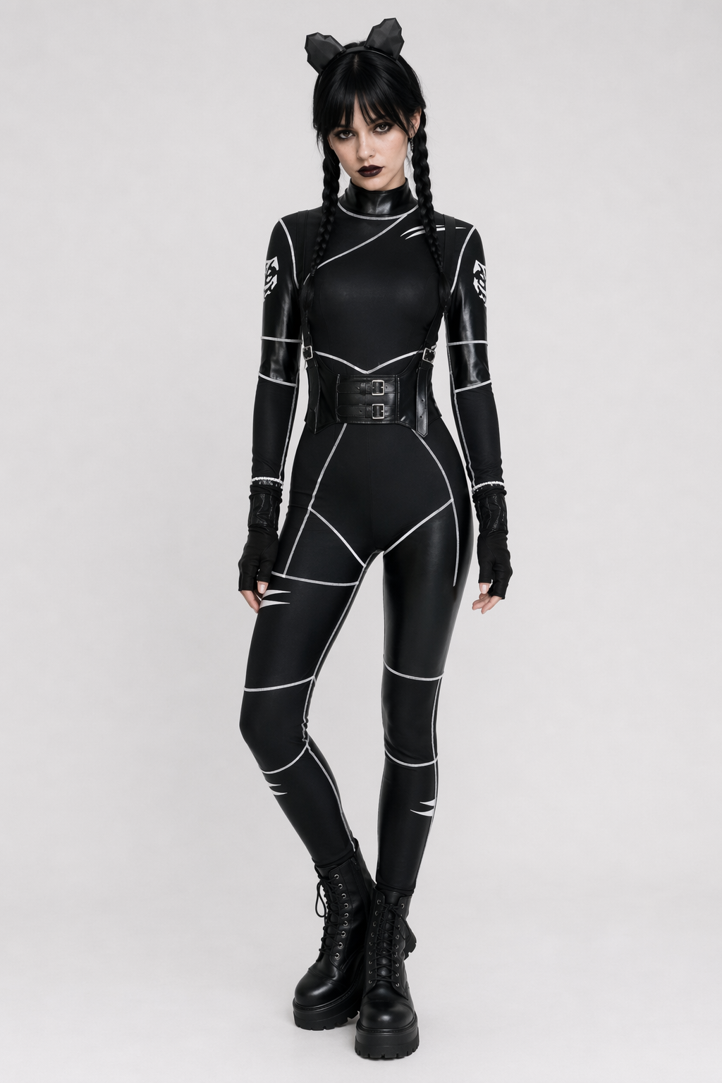Wednesday Season 1 Leather Cat Jumpsuit Cosplay Costume L