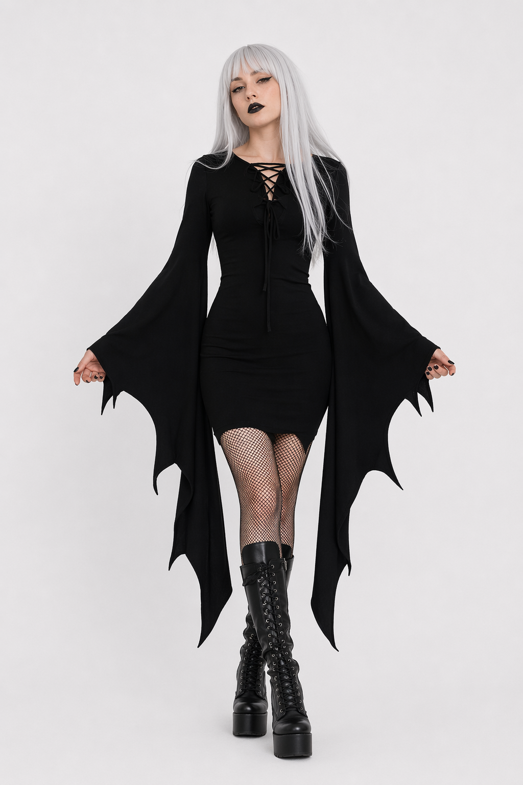 Black Gothic Forest Witch Dress with Flowy Wing Style Sleeves M