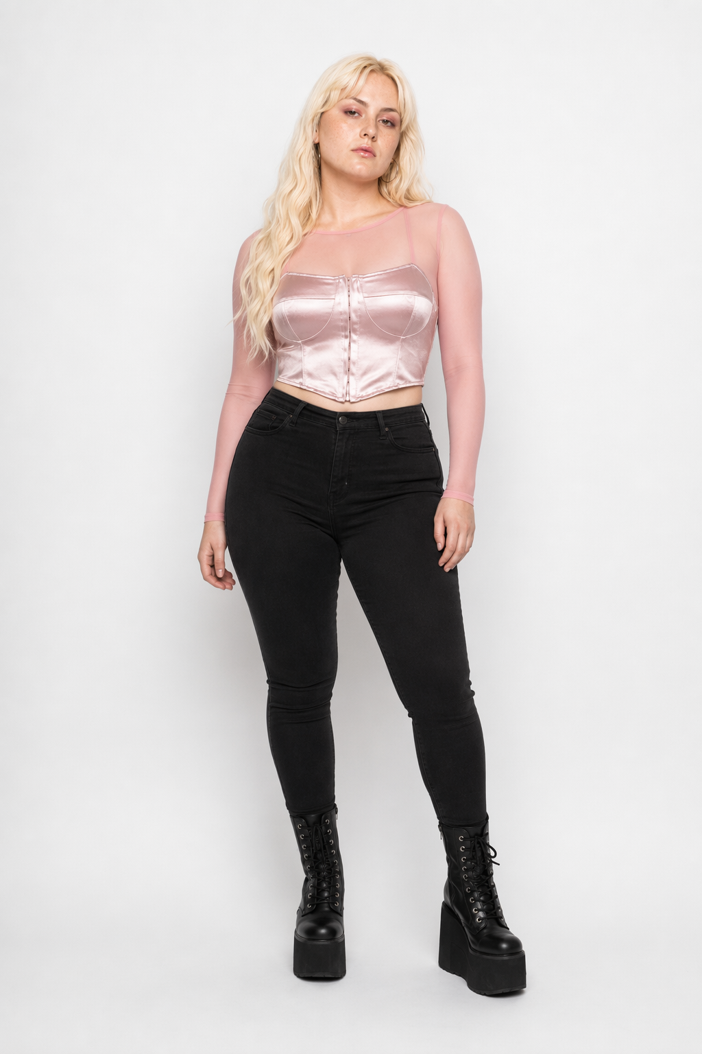 Long Sleeve Satin Bustier Crop Top for Angelcore and Fairycore Pink