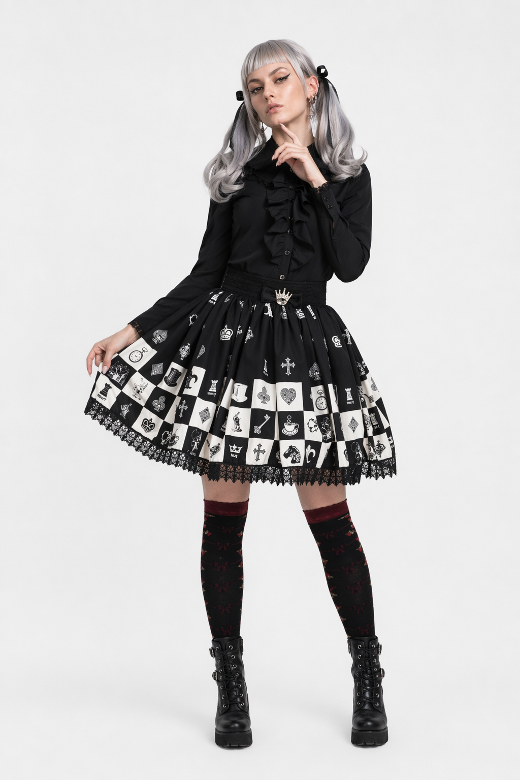 Monochrome Checkerboard Lolita Skirt Inspired by Blackjack and Chess S