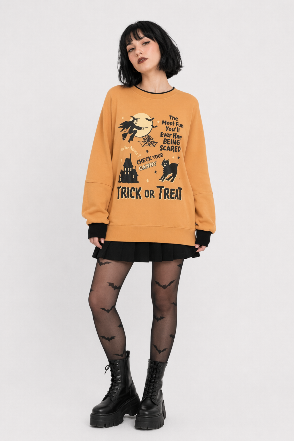 Kawaii Goth Trick or Treat Crewneck Sweater for Year-Round Fun Orange Sweatshirt