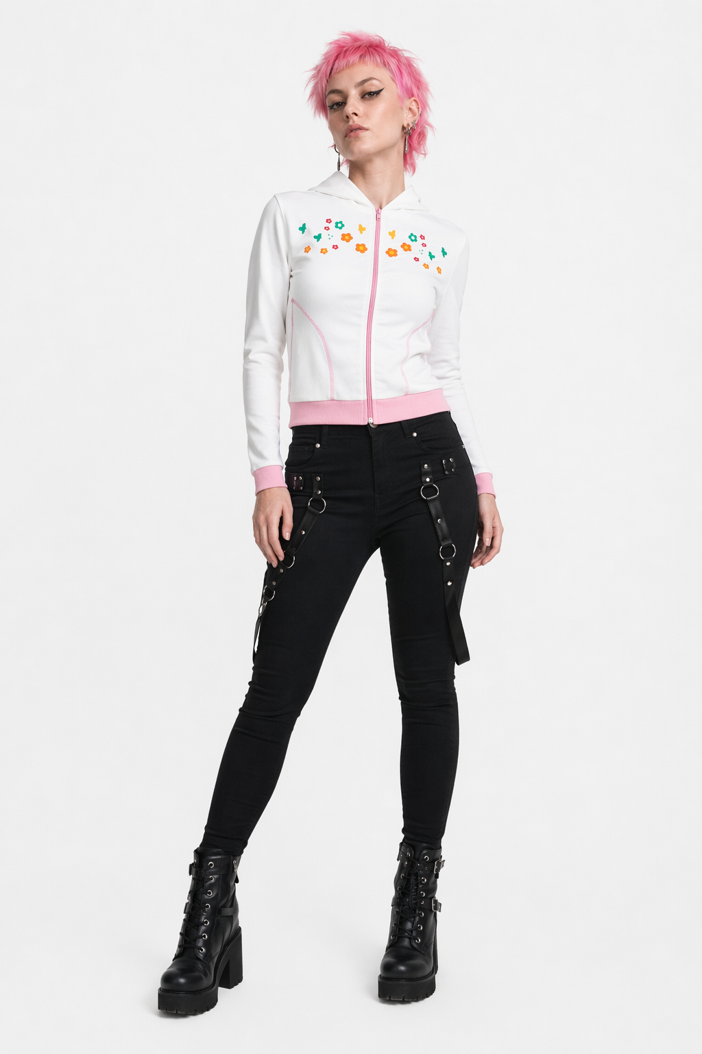 Y2K White Floral Zip Up Jacket with Hooded Design S