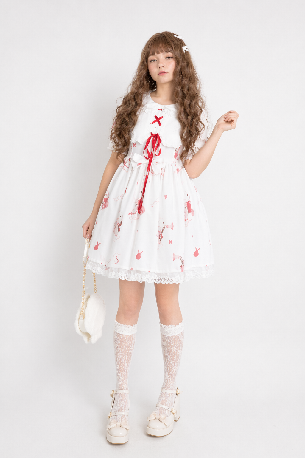 Musical Bunny Printed Lolita Dress in Red Wine Instock White Dress