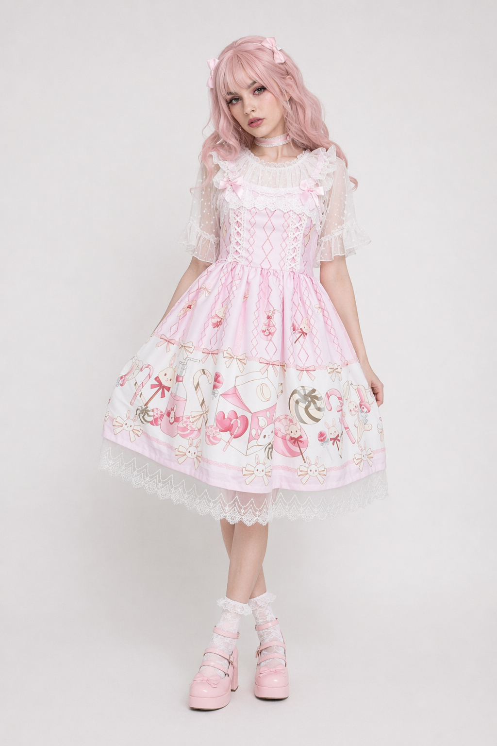 Fairy Kei Inspired Sweet Lolita Dress with Lace and Tulle Details Pink Dress Only