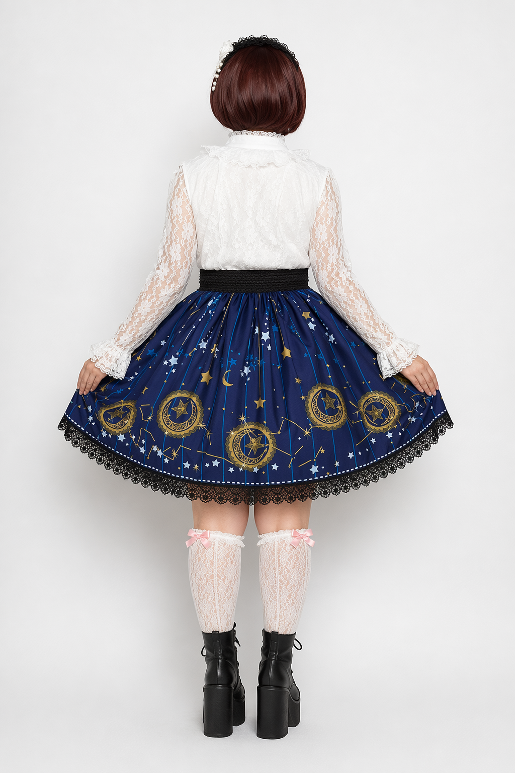 Gothic Lolita Steampunk Skirt with Ruffles and Constellation Print XXL