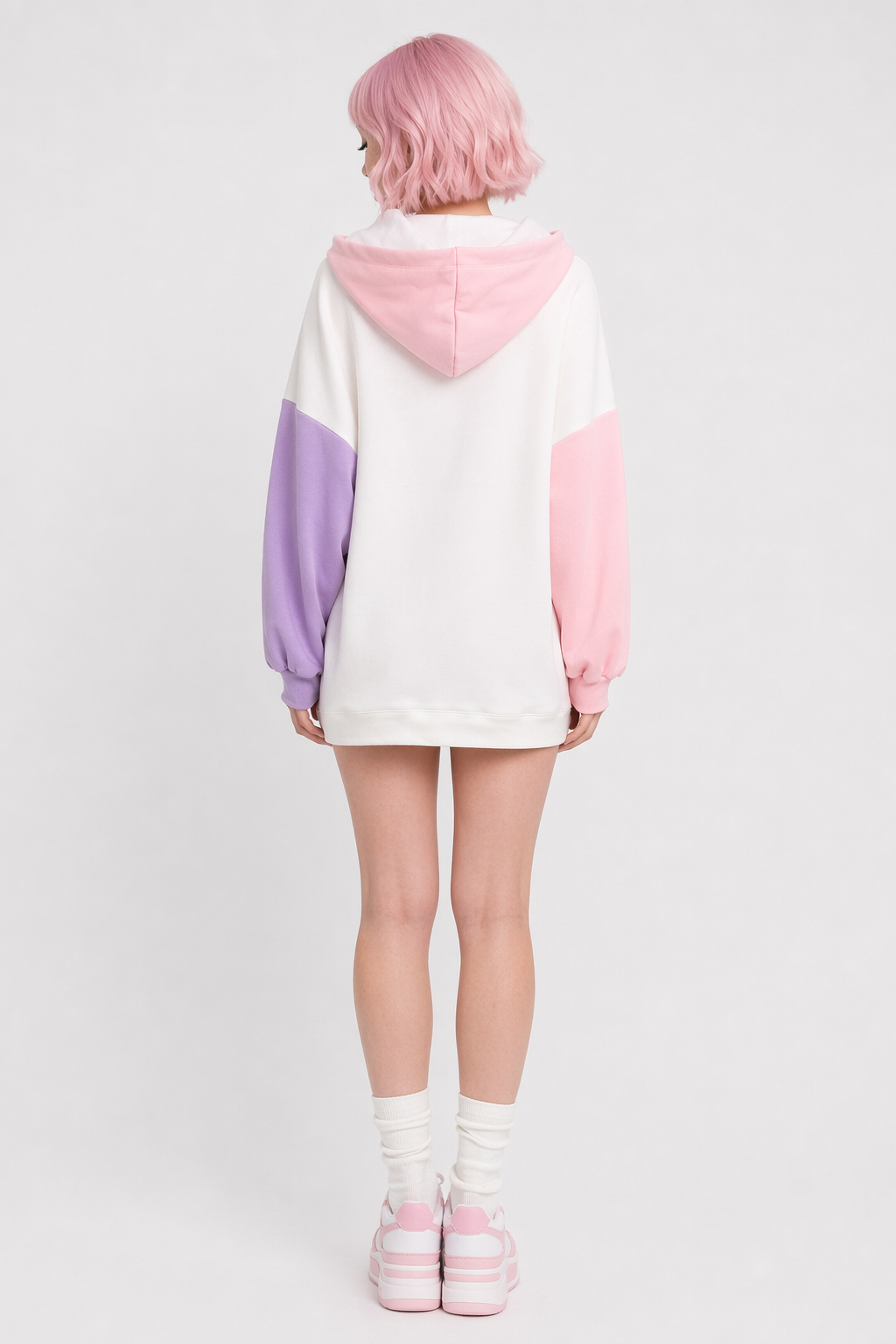 Foodie Bunny Hoodie in Pastel Color Block Style Pink