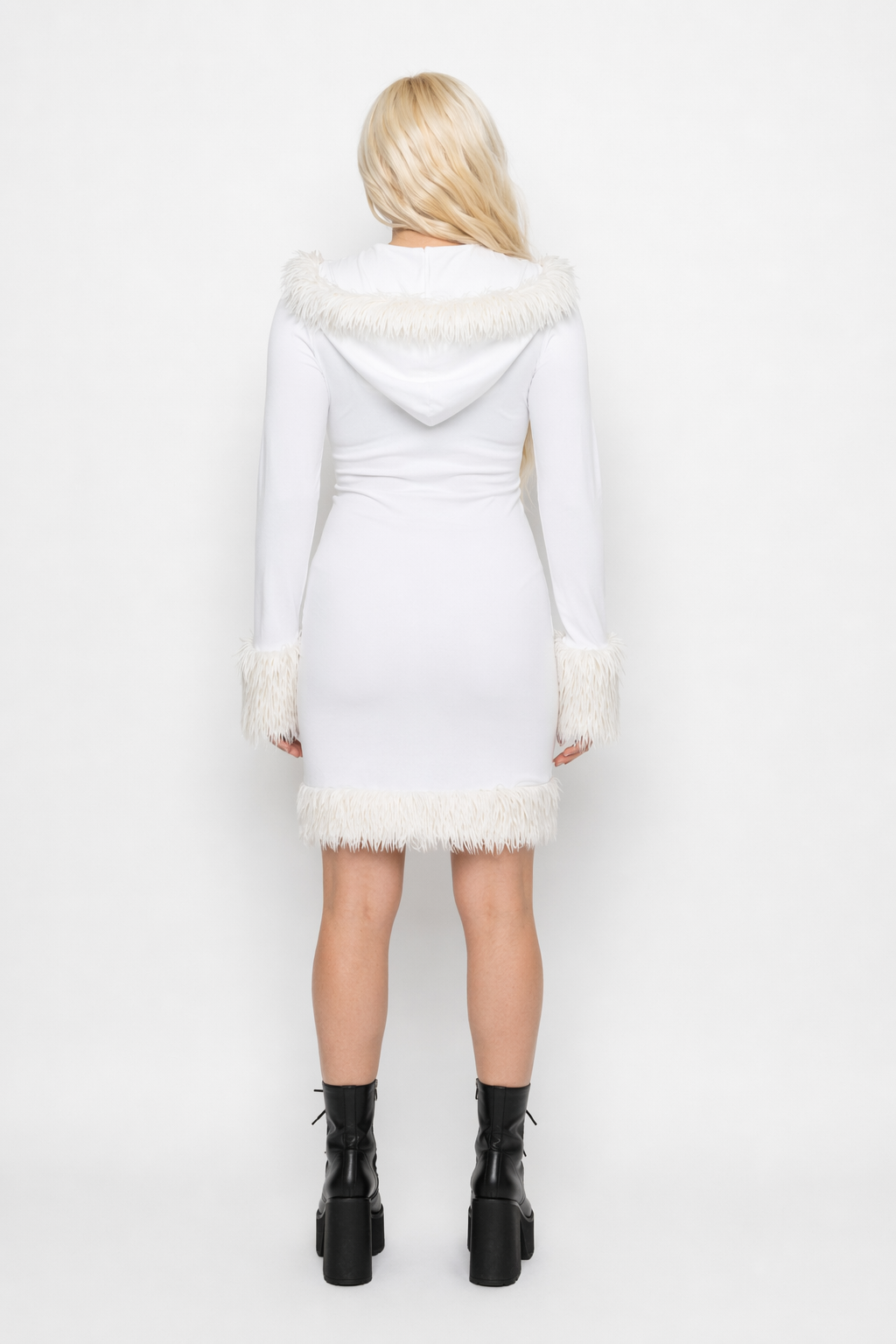 Long Sleeve White Fur Trimmed Sweater Dress for Cozy Winter Style S