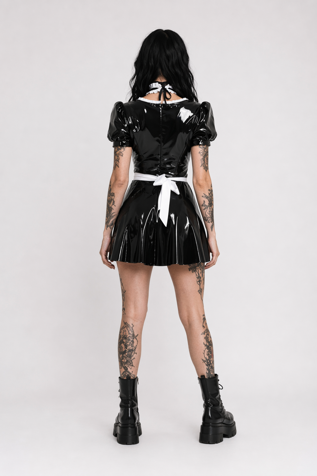 Sassy Latex Bodysuit with White Ruffled Apron Trim XXL