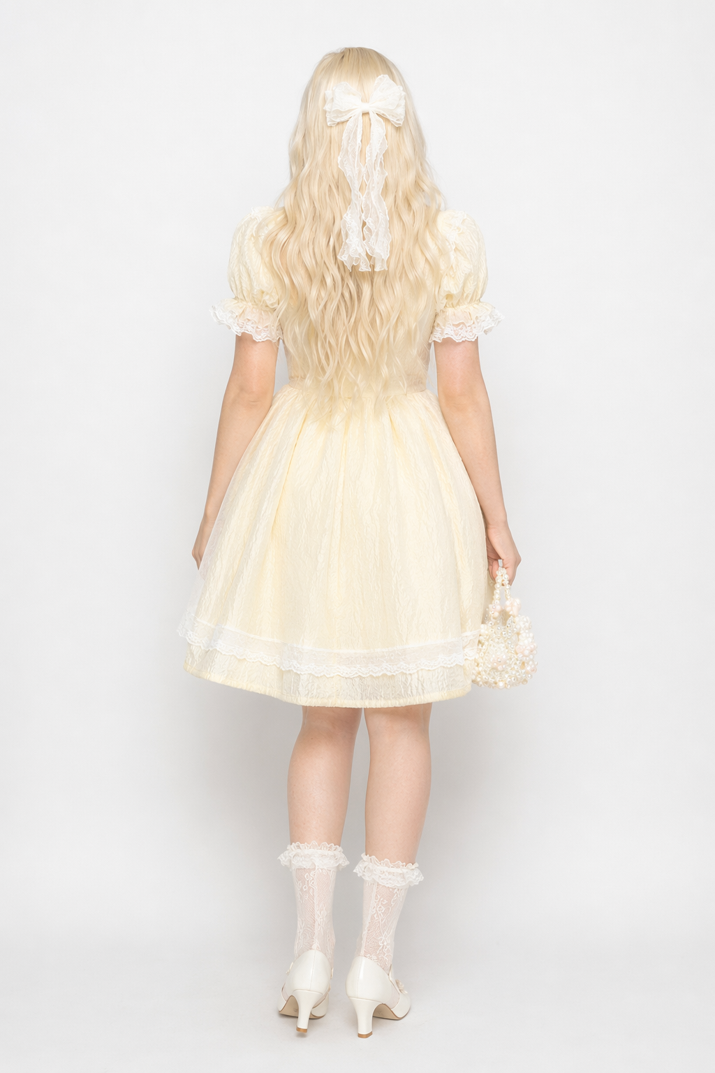 Pastel Yellow Floral Lace Angelic Dress with Poofy Sleeves S