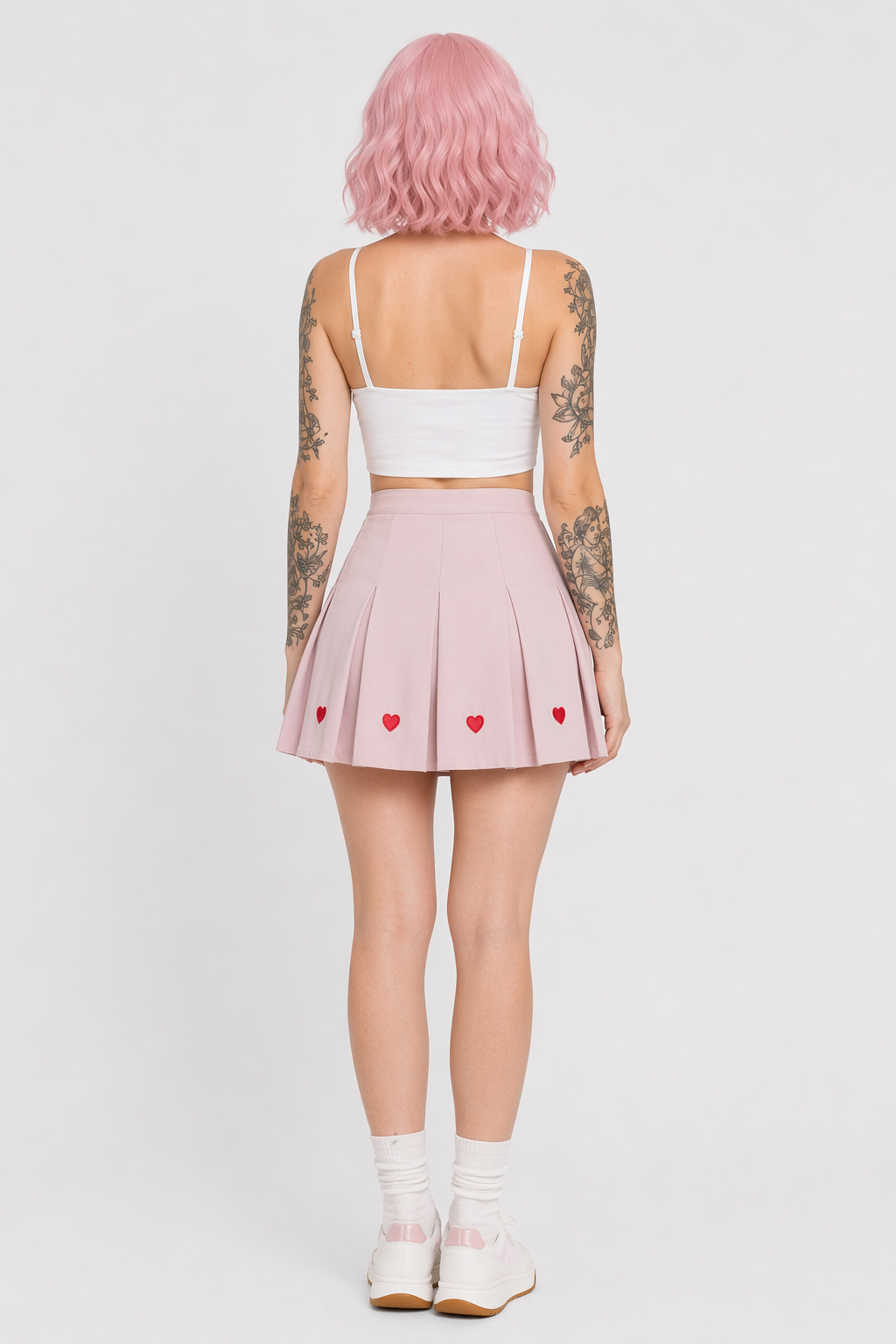 Kawaii School Girl Tennis Skirt with Heart Embroidery Details Pink