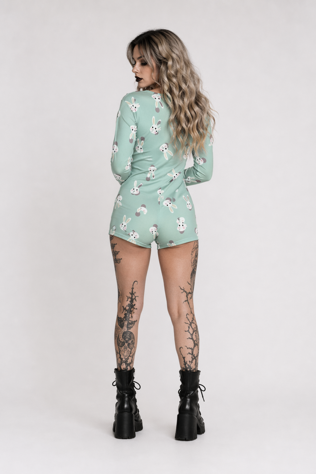 Emerald Green Bunny Rabbit Print Long-Sleeve Romper for Kids XXXL