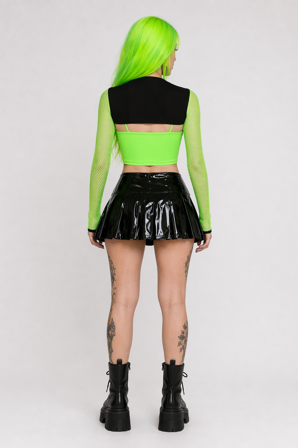 Neon Green Butterfly Crop Top with Mesh Long Sleeves S
