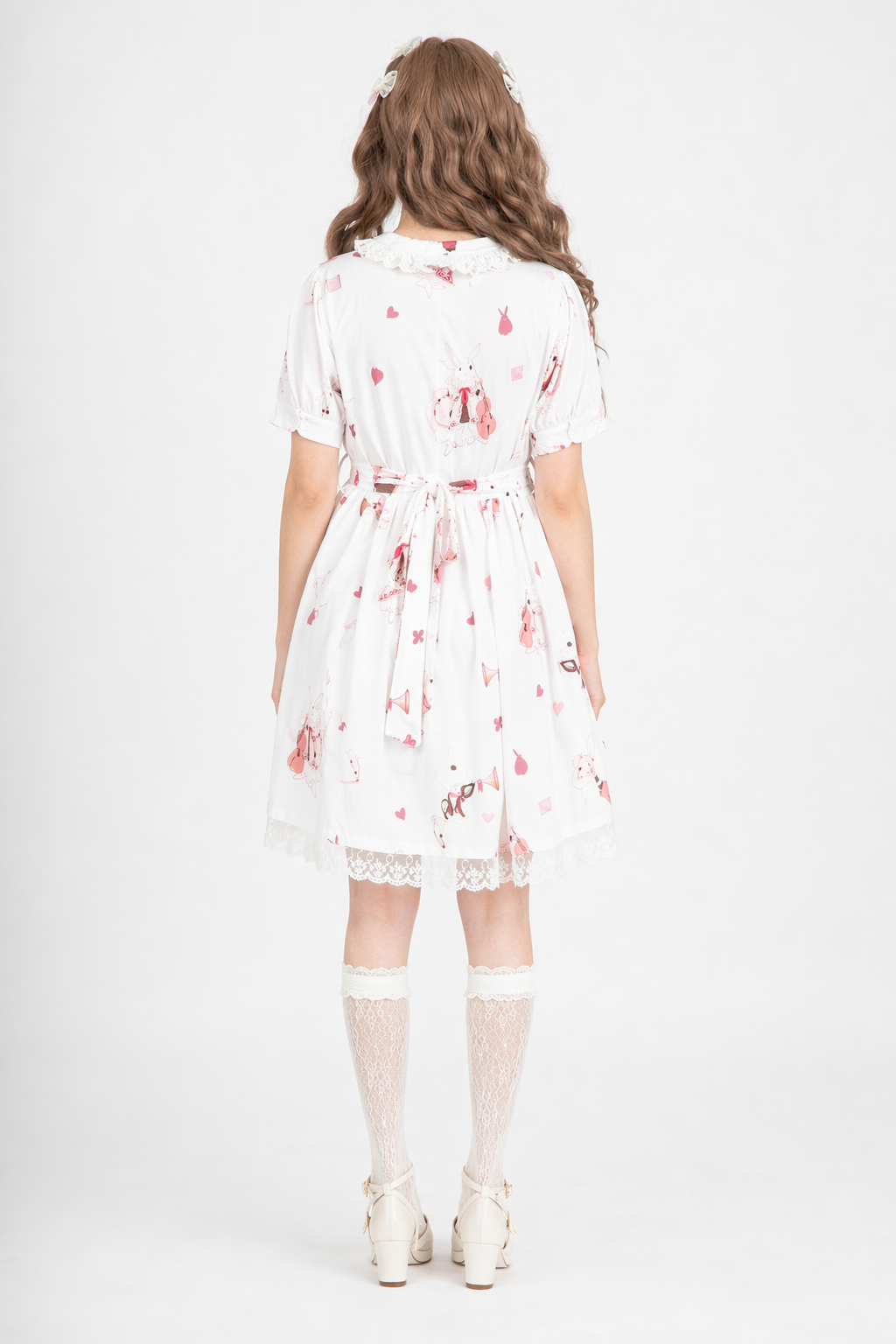 Musical Bunny Printed Lolita Dress in Red Wine Instock White Dress
