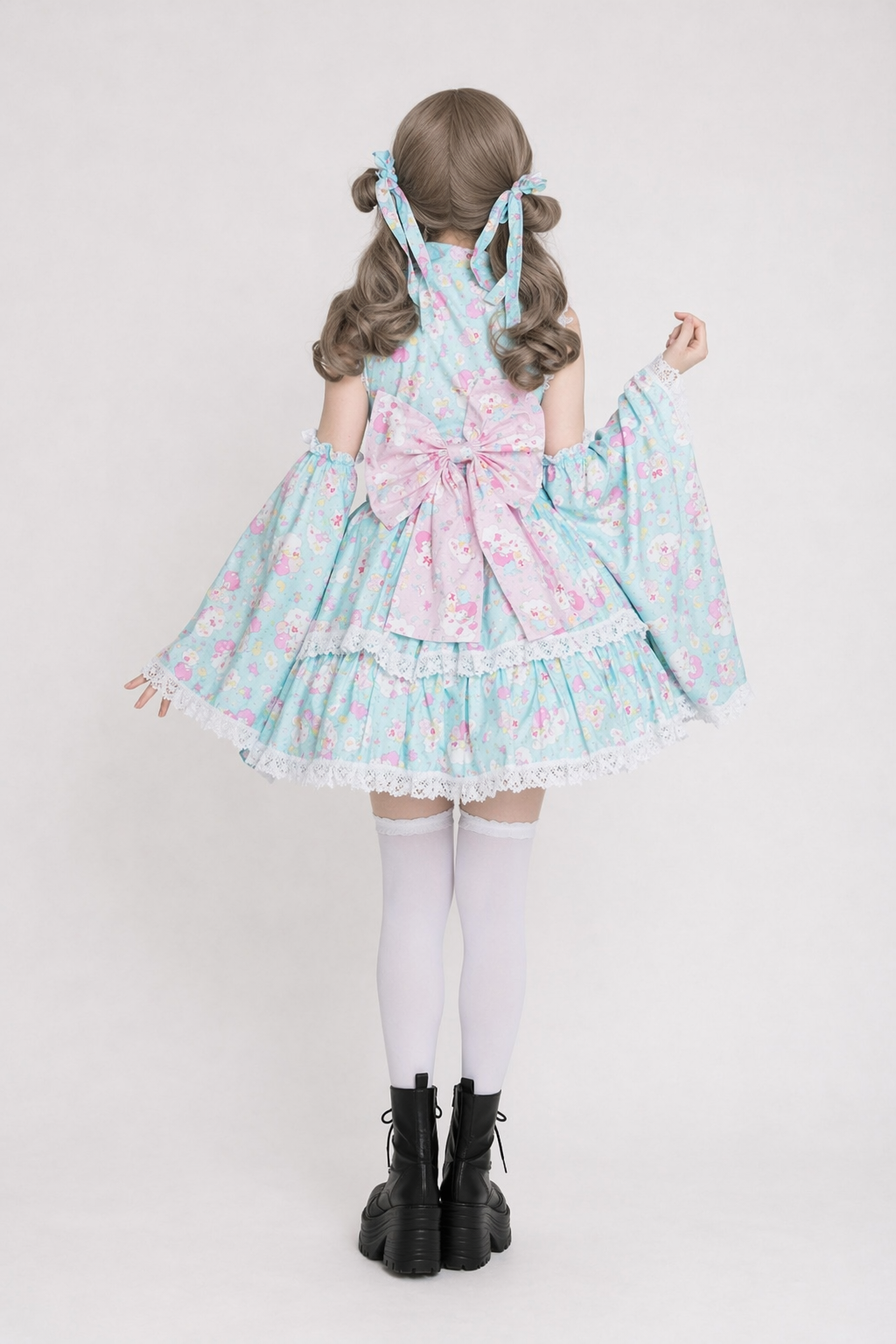 Pink or Blue Ruffled Lolita Kimono Dress with 55cm Skirt Length Blue
