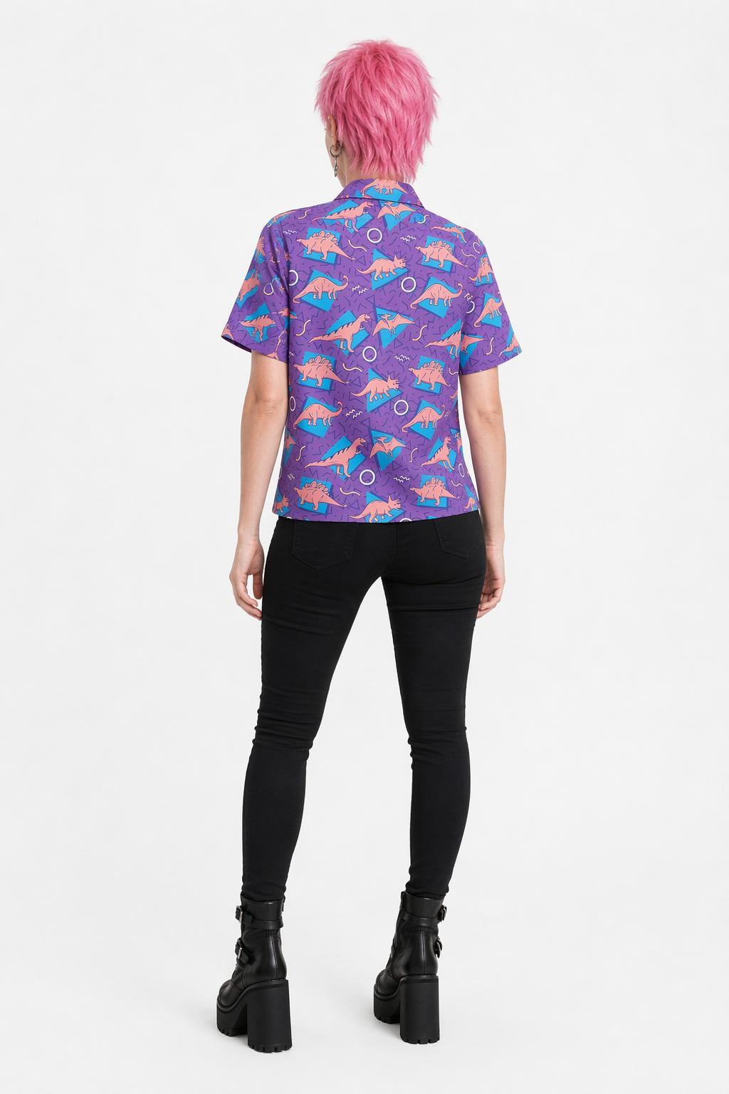 Purple and Blue Dinosaur Button Up Retro 90s Dino Tee XXS