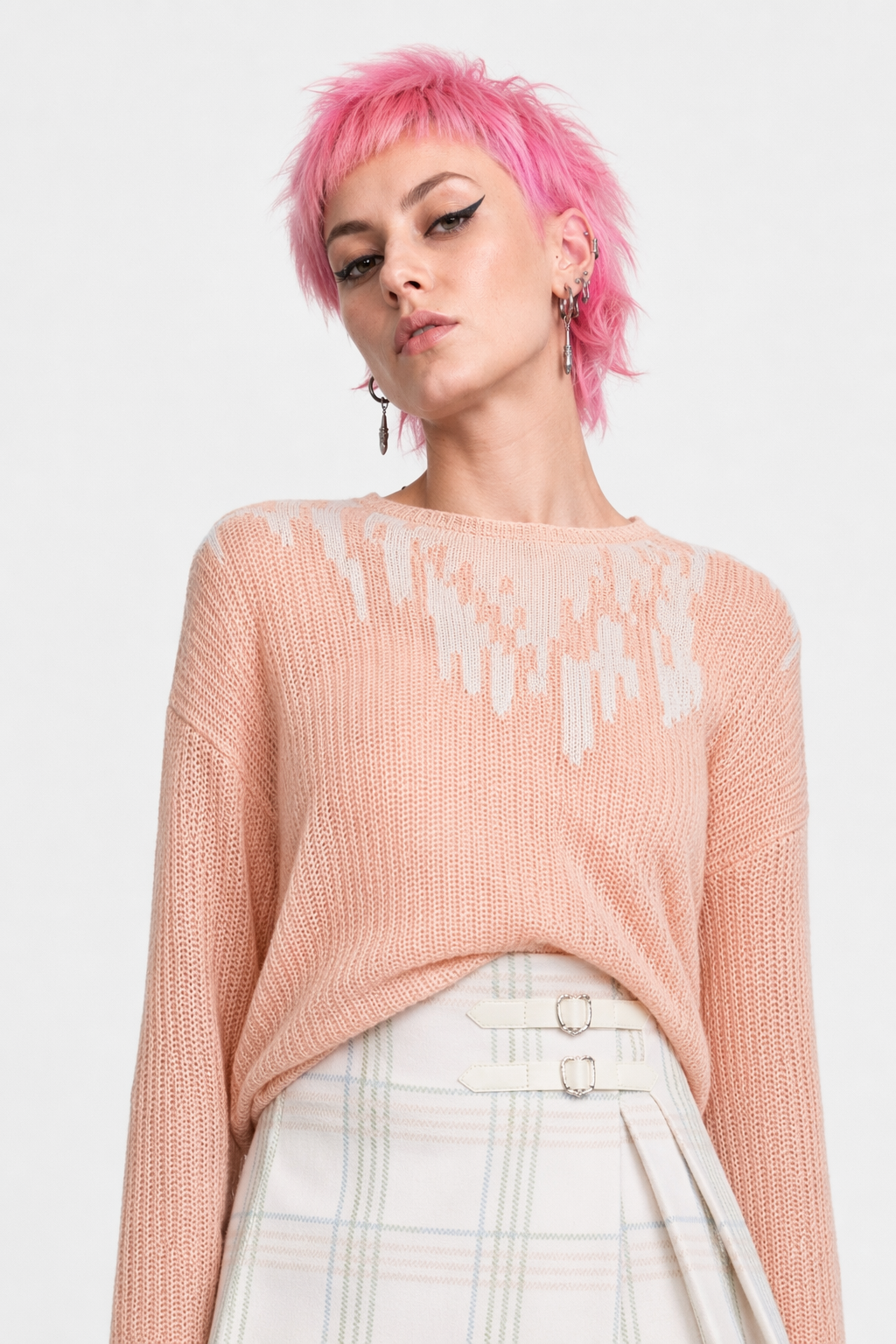 Pastel Plaid Belted Skirt with Vegan Leather Heart Embellishment White